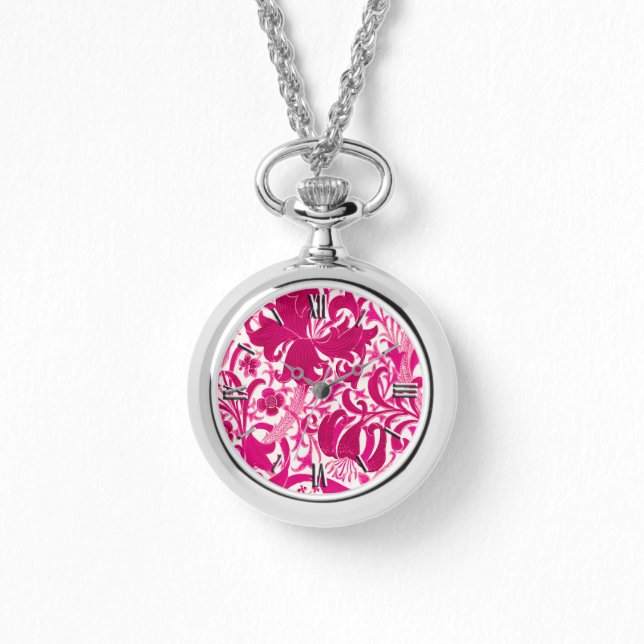 William Morris Iris and Lily, Fuchsia Pink Watch (Front)