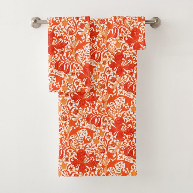 William Morris Iris and Lily, Mandarin Orange Bath Towel Set (Insitu)