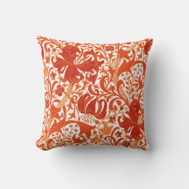 William Morris Iris and Lily, Mandarin Orange Cushion (Front)