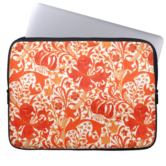 William Morris Iris and Lily, Mandarin Orange Laptop Sleeve (Front)