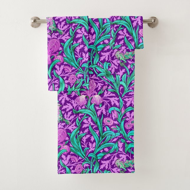 William Morris Irises, Amethyst Purple Bath Towel Set (Insitu)