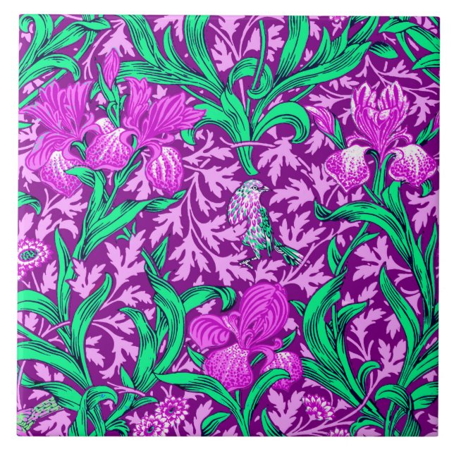 William Morris Irises, Amethyst Purple Ceramic Tile (Front)