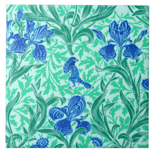William Morris Irises, Cobalt Blue, Aqua and Teal Ceramic Tile