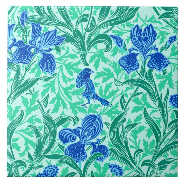 William Morris Irises, Cobalt Blue, Aqua and Teal Ceramic Tile (Front)