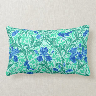 William Morris Irises,Cobalt Blue, Aqua and Teal Lumbar Cushion