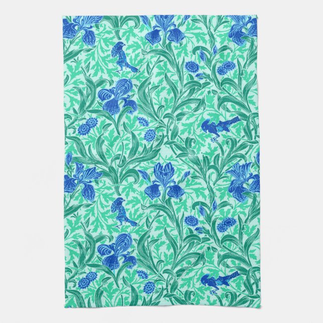 William Morris Irises, Cobalt Blue, Aqua and Teal Tea Towel (Vertical)