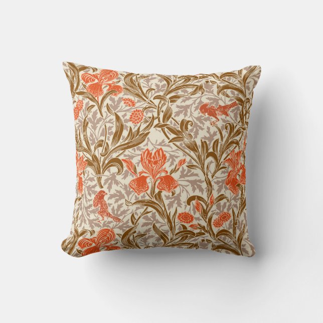 William Morris Irises, Coral Orange, Brown & Beige Cushion (Front)