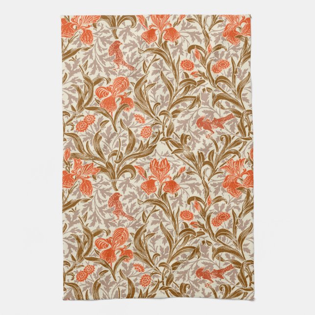 William Morris Irises, Coral Orange, Brown & Beige Tea Towel (Vertical)