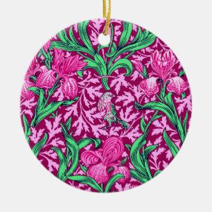 William Morris Irises, Fuchsia Pink and Burgundy  Ceramic Ornament