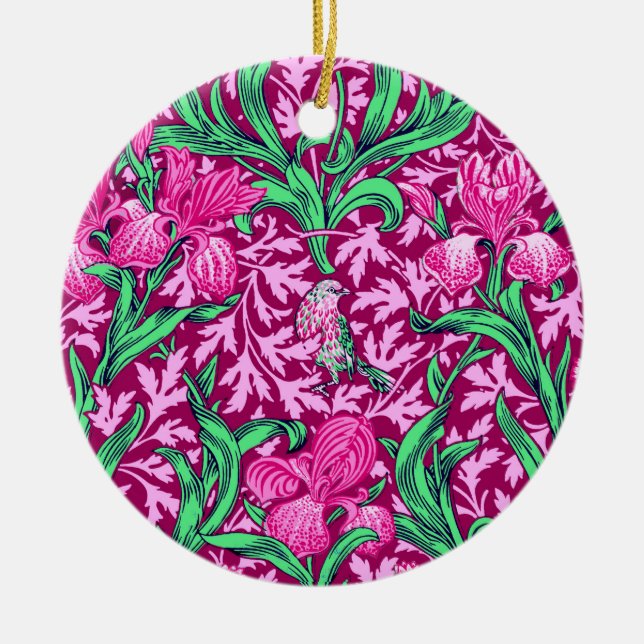 William Morris Irises, Fuchsia Pink and Burgundy  Ceramic Ornament (Front)