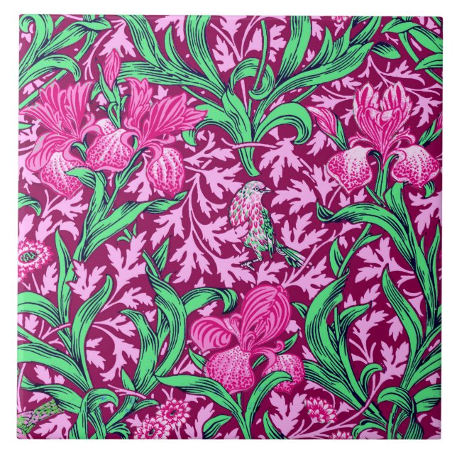 William Morris Irises, Fuchsia Pink and Wine Ceramic Tile (Front)