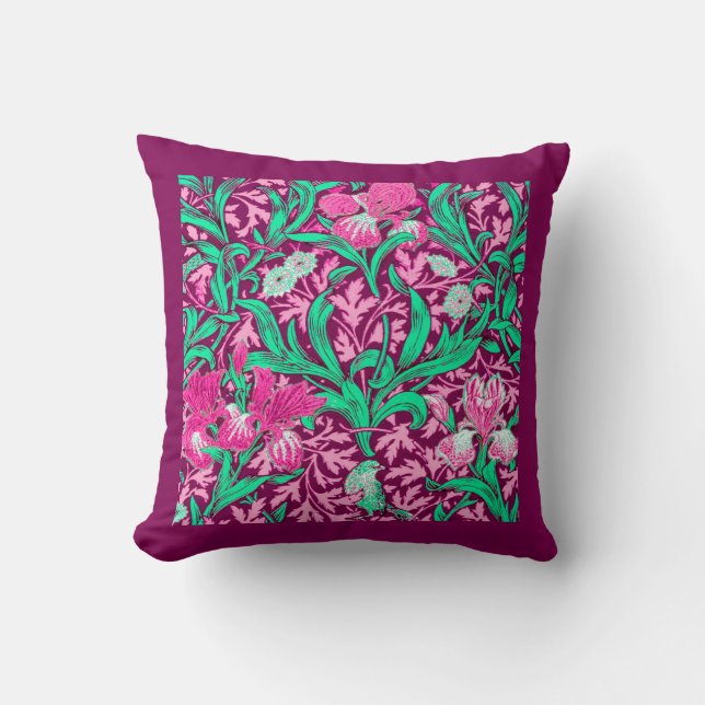 William Morris Irises, Fuchsia Pink and Wine Cushion (Front)