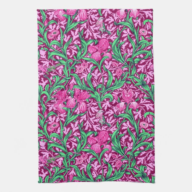William Morris Irises, Fuchsia Pink and Wine Tea Towel (Vertical)