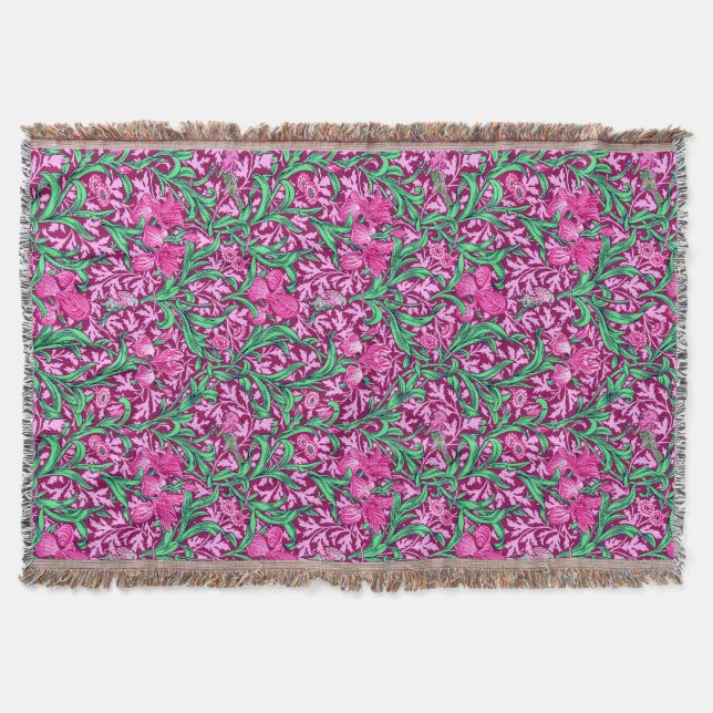 William Morris Irises, Fuchsia Pink and Wine Throw Blanket (Front)