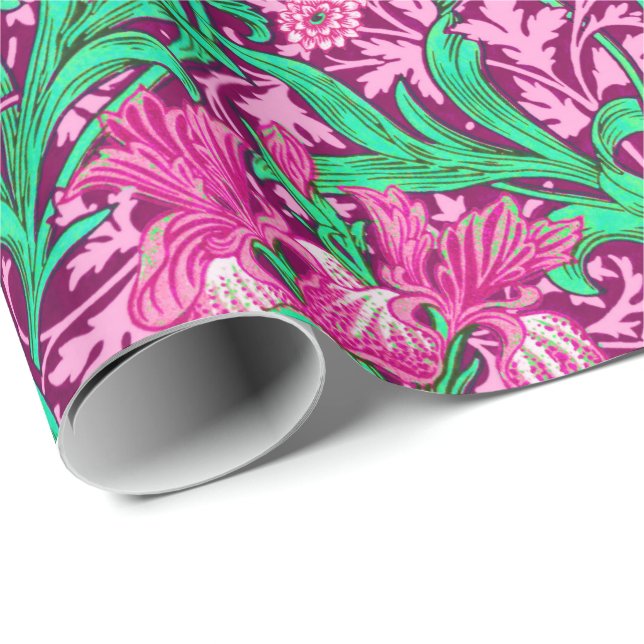 William Morris Irises, Fuchsia Pink and Wine Wrapping Paper (Roll Corner)