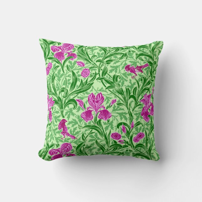 William Morris Irises, Green, Magenta and Orchid Cushion (Front)