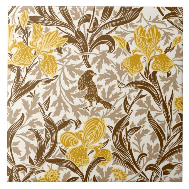 William Morris Irises, Mustard Gold, Brown & Beige Ceramic Tile (Front)