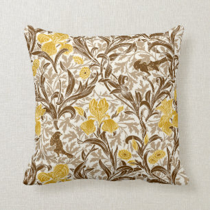 William Morris Irises, Mustard Gold, Brown & Beige Cushion