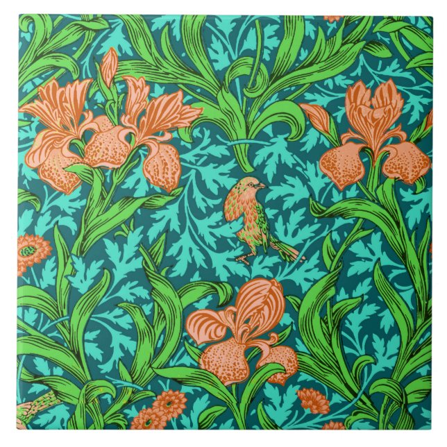 William Morris Irises, Orange and Turquoise Ceramic Tile (Front)