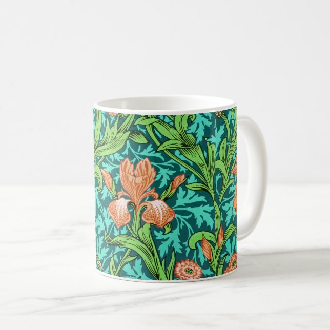 William Morris Irises, Orange and Turquoise Coffee Mug (Front Right)