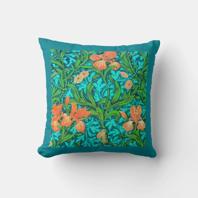 William Morris Irises, Orange and Turquoise Cushion (Front)