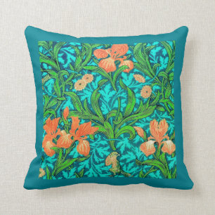 William Morris Irises, Orange and Turquoise Cushion