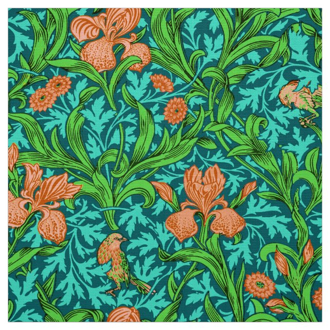 William Morris Irises, Orange and Turquoise Fabric (Swatch)