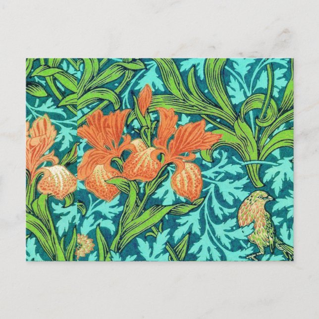 William Morris Irises, Orange and Turquoise Postcard (Front)