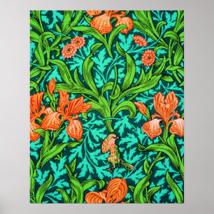 William Morris Irises, Orange and Turquoise Poster