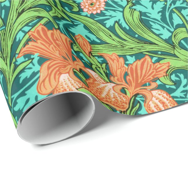 William Morris Irises, Orange and Turquoise Wrapping Paper (Roll Corner)