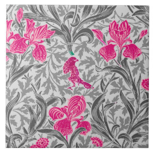 William Morris Irises, Pink and Silver Gray / Grey Ceramic Tile