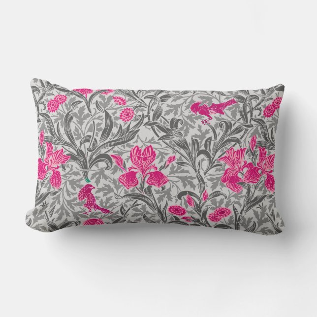 William Morris Irises, Pink and Silver Gray / Grey Lumbar Cushion (Front)