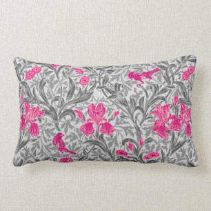 William Morris Irises, Pink and Silver Gray / Grey Lumbar Cushion