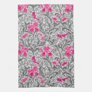 William Morris Irises, Pink and Silver Gray / Grey Tea Towel