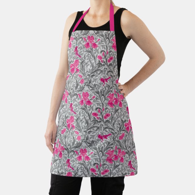 William Morris Irises, Pink and Silver Grey / Grey Apron (Insitu)