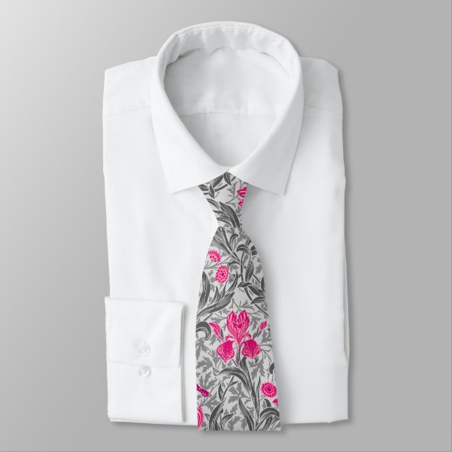 William Morris Irises, Pink and Silver Grey / Grey Tie (Tied)