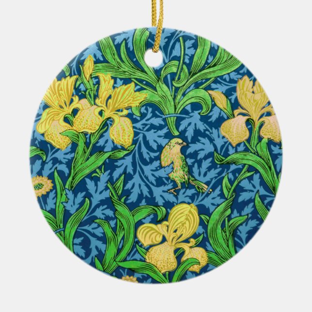 William Morris Irises, Yellow and Cobalt Blue    Ceramic Ornament (Front)