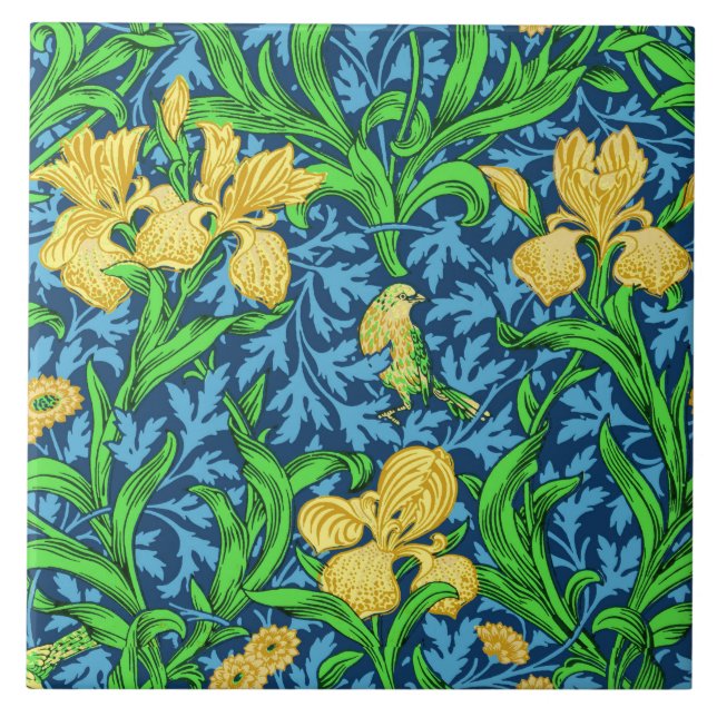 William Morris Irises, Yellow and Cobalt Blue Ceramic Tile (Front)