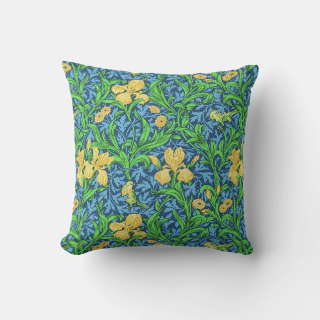 William Morris Irises, Yellow and Cobalt Blue Cushion (Front)