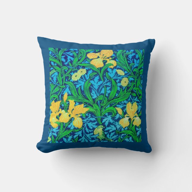William Morris Irises, Yellow and Cobalt Blue Cushion (Front)