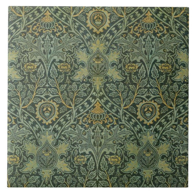 William Morris Ispahan Teal Green Floral Art Ceramic Tile (Front)