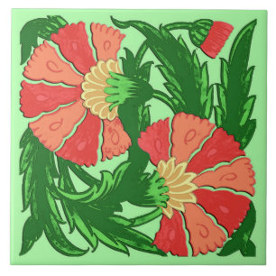 William Morris Jacobean, Coral Orange and Green Ceramic Tile