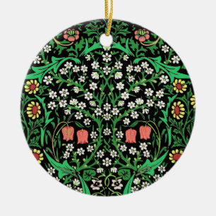 William Morris Jacobean Floral, Black Background  Ceramic Ornament
