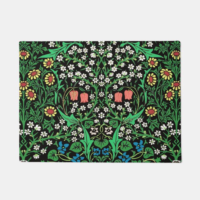 William Morris Jacobean Floral, Black Background Doormat (Front)