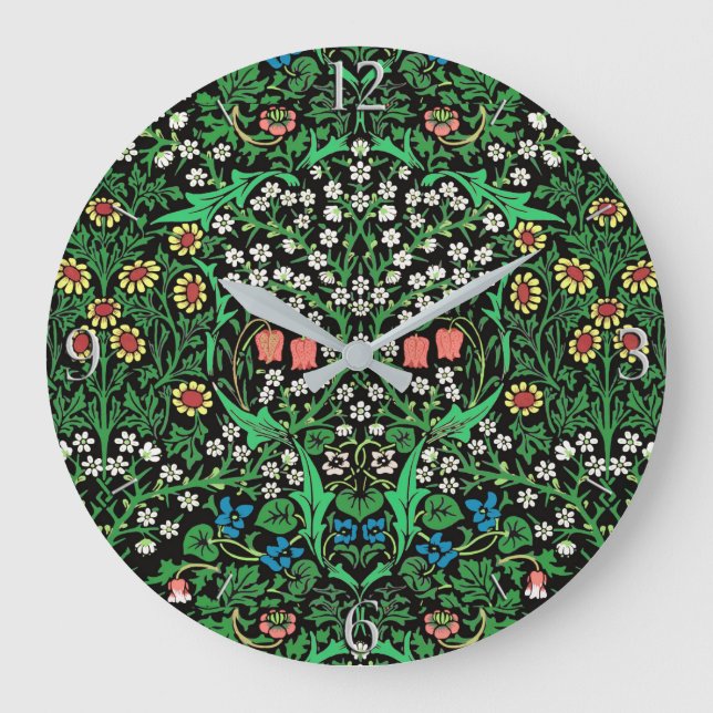 William Morris Jacobean Floral, Black Background  Large Clock (Front)