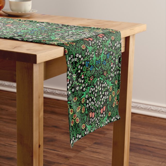 William Morris Jacobean Floral, Black Background  Short Table Runner (In Situ)