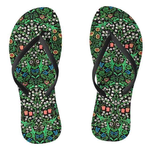 William Morris Jacobean Floral, Black Background  Thongs (Footbed)