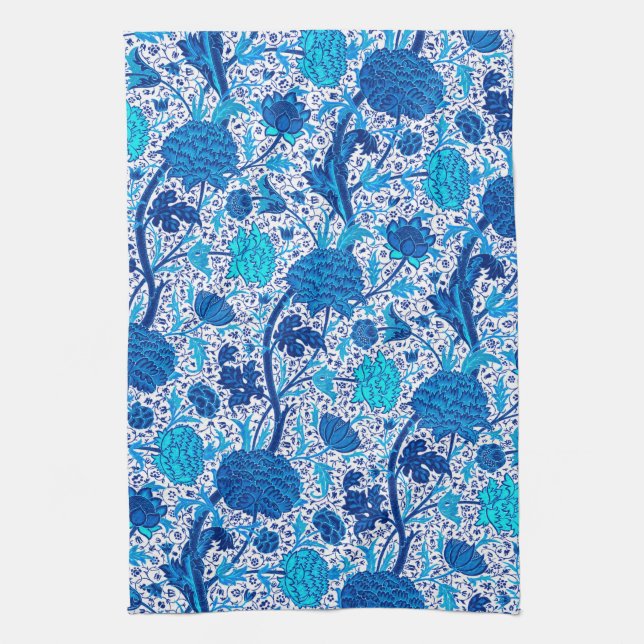William Morris Jacobean Floral, Cobalt Blue Tea Towel (Vertical)