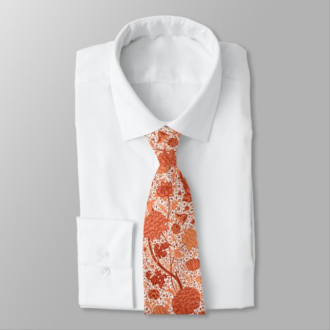 William Morris Jacobean Floral, Coral Orange Tie (Tied)
