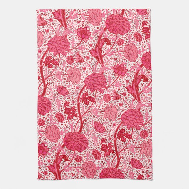 William Morris Jacobean Floral, Coral Pink Tea Towel (Vertical)